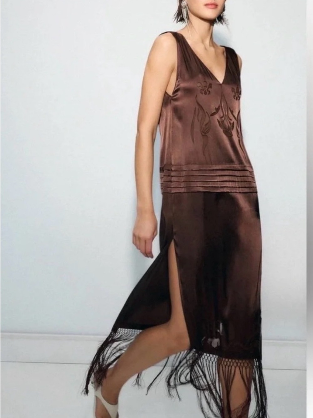New Zara Vintage-Inspired Brown Satin Slip Dress with Fringe S
